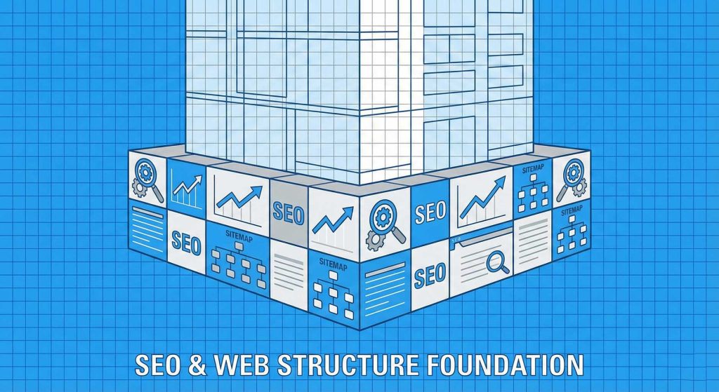 ساختار طراحی سایت که با المان‌های سئو به عنوان پایه و اساس بنا شده است.