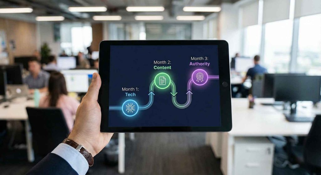 نقشه راه ۹۰ روزه سئو شامل مراحل فنی، تولید محتوا و افزایش اعتبار برای نجات سایت از عدم بازدید