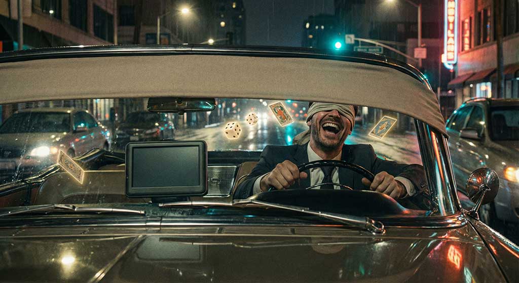 رانندگی با چشمان بسته، نمادی از مدیریت کسب و کار بدون استراتژی و مشاوره