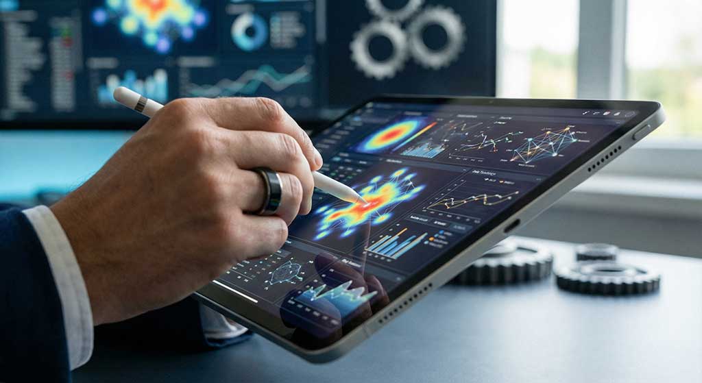 تحلیل دادههای دقیق و نمودارهای رفتار مشتری در تبلت توسط متخصص دیجیتال مارکتینگ