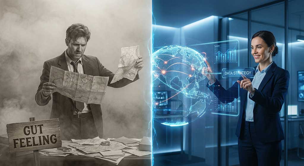 مقایسه مدیریت سنتی و حسی با استراتژی داده‌محور و مشاوره تخصصی دیجیتال مارکتینگ.