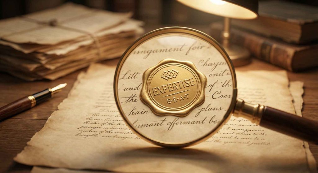 ذره‌بینی که روی یک سند معتبر با مهر تخصص تمرکز کرده است، نماد فاکتورهای E-E-A-T در سئو