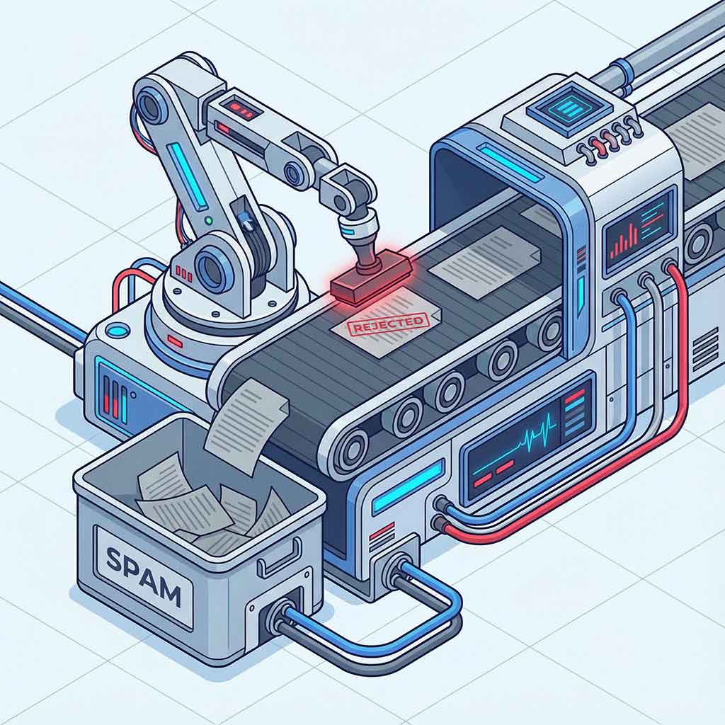 تصویر سازی سه بعدی از ربات گوگل که محتوای بی‌کیفیت و تولید انبوه را به عنوان اسپم رد می‌کند.