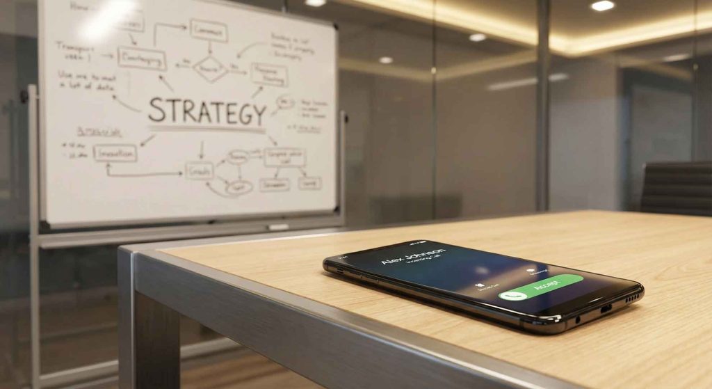 تلفن هوشمند روی میز کنفرانس آماده تماس برای مشاوره استراتژی محتوا با آژانس iMDi.