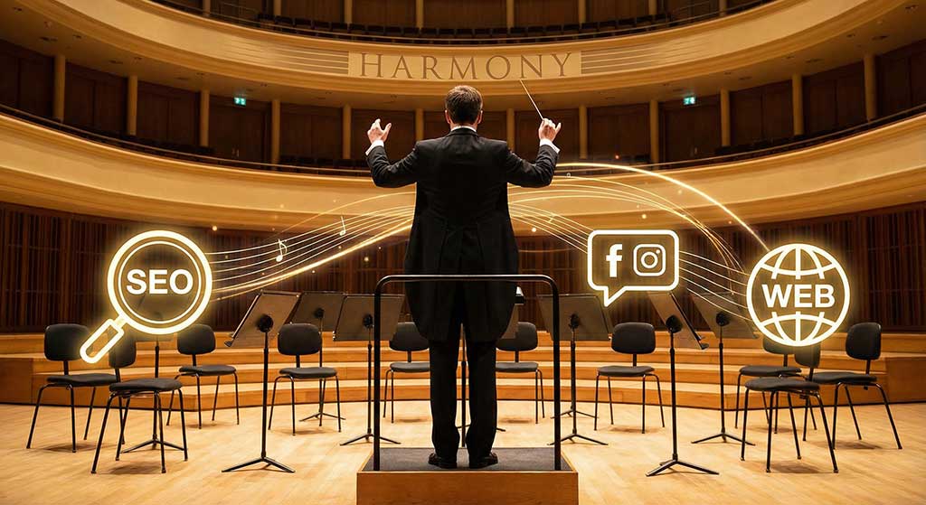 رهبر ارکستر در حال هماهنگ کردن کانالهای مختلف بازاریابی برای اجرای کمپین ۳۶۰ درجه