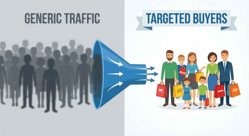 مقایسه ترافیک عمومی و بی‌هدف با ترافیک هدفمند و خریدار واقعی که از طریق کلمات کلیدی طولانی جذب شده‌اند.