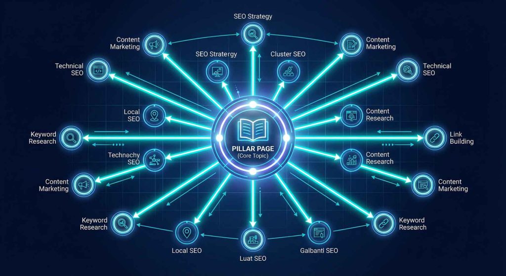 نمودار گرافیکی مدل خوشه‌سازی محتوا که ارتباط بین صفحه ستون و مقالات خوشه‌ای را نشان می‌دهد.
