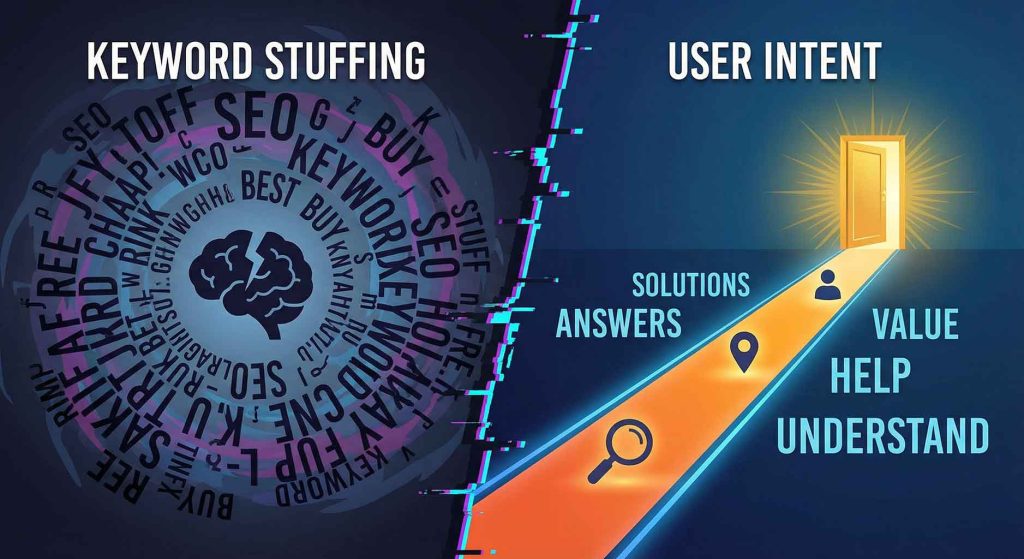 مقایسه گرافیکی بین بمباران کلمات کلیدی گیج‌کننده و تمرکز بر قصد کاربر که منجر به مسیر روشن خرید می‌شود.