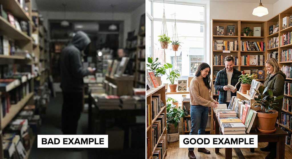 مقایسه عکس بی‌کیفیت و عکس حرفه‌ای از محیط کسب و کار برای جذب مشتری.