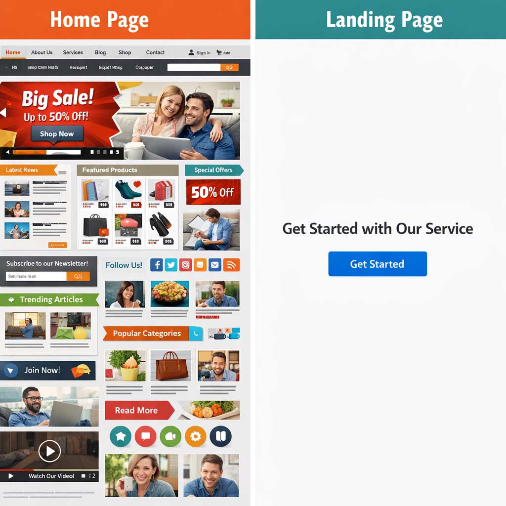 مقایسه گرافیکی صفحه اصلی شلوغ با لندینگ پیج هدفمند و تمیز