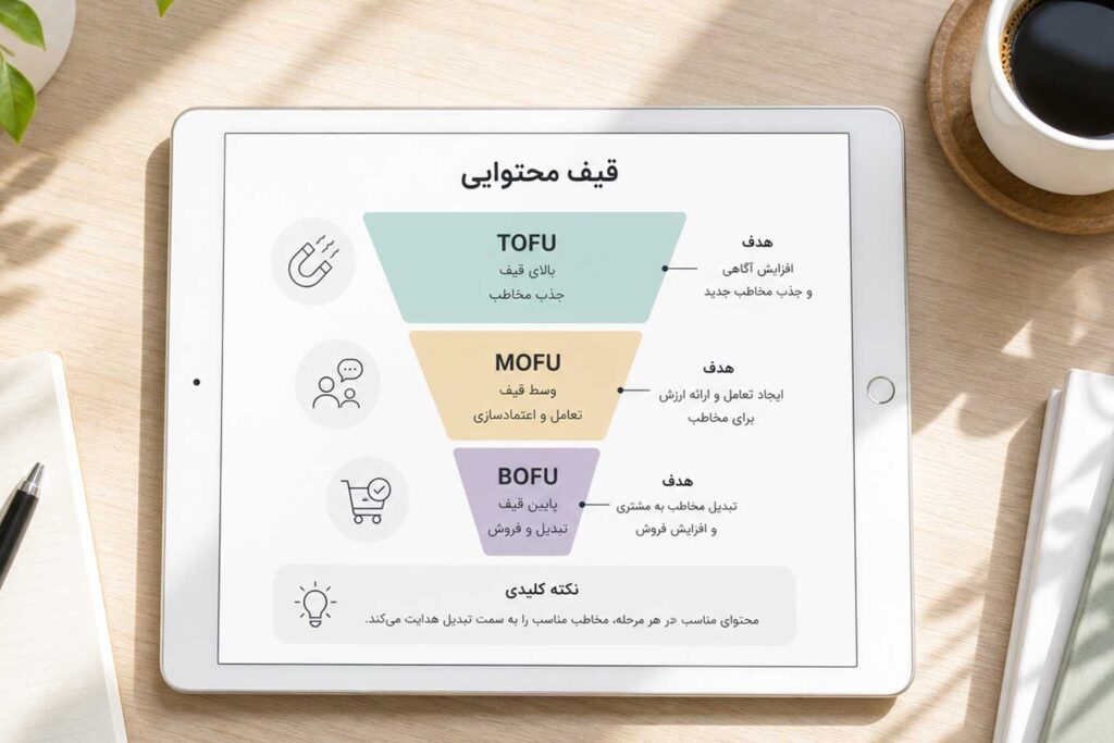 معماری قیف محتوا و هدایت کاربر از مرحله جستجو تا خرید نهایی در آژانس ایمدی.